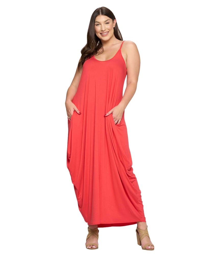 Front of a model wearing a size 1X Spaghetti Strap Harem Dress in Coral Dk by L I V D. | dia_product_style_image_id:367353